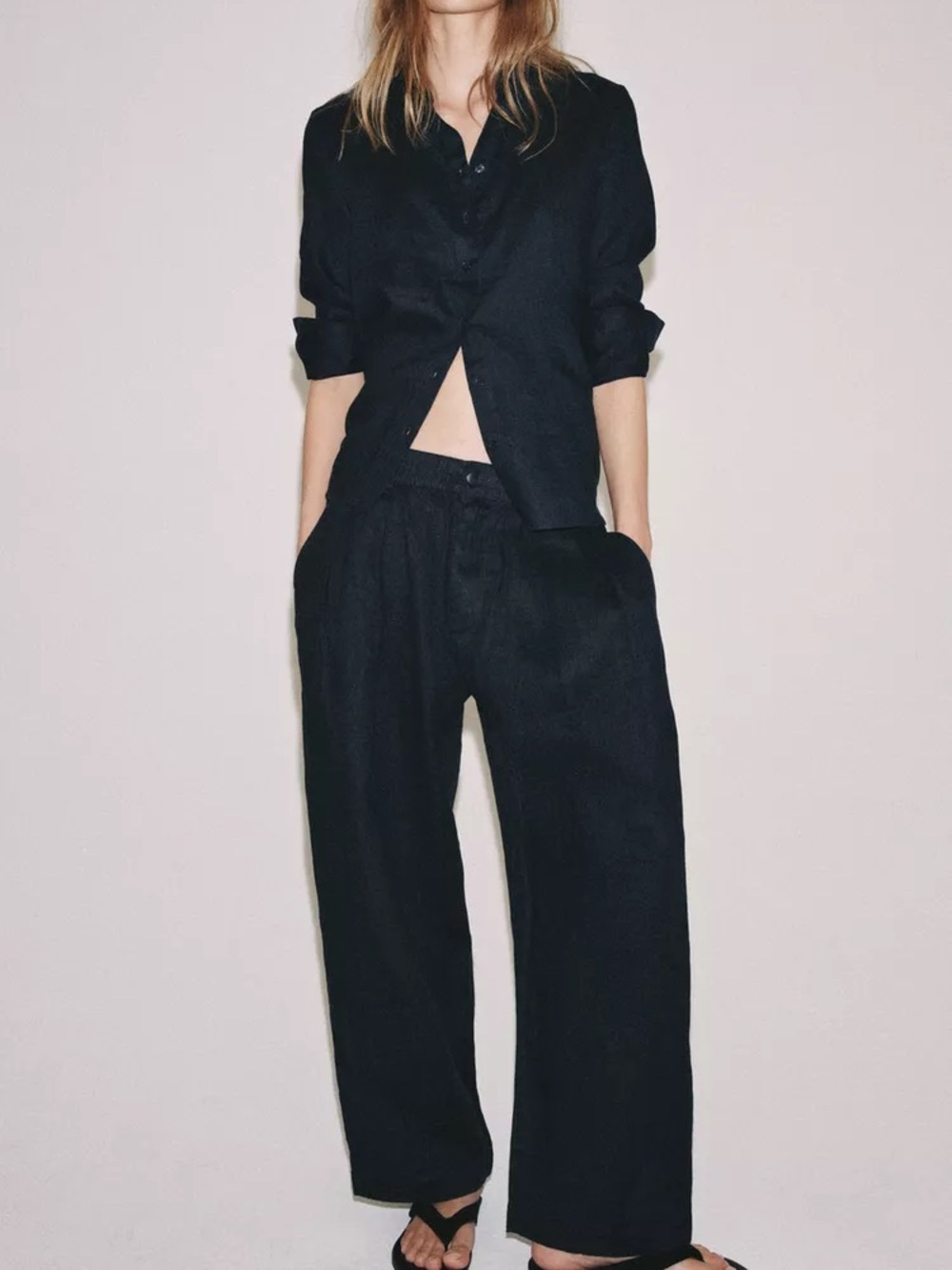 Zara Navy Blue 100% Linen Pleated Wide Leg Pants - XL NWT